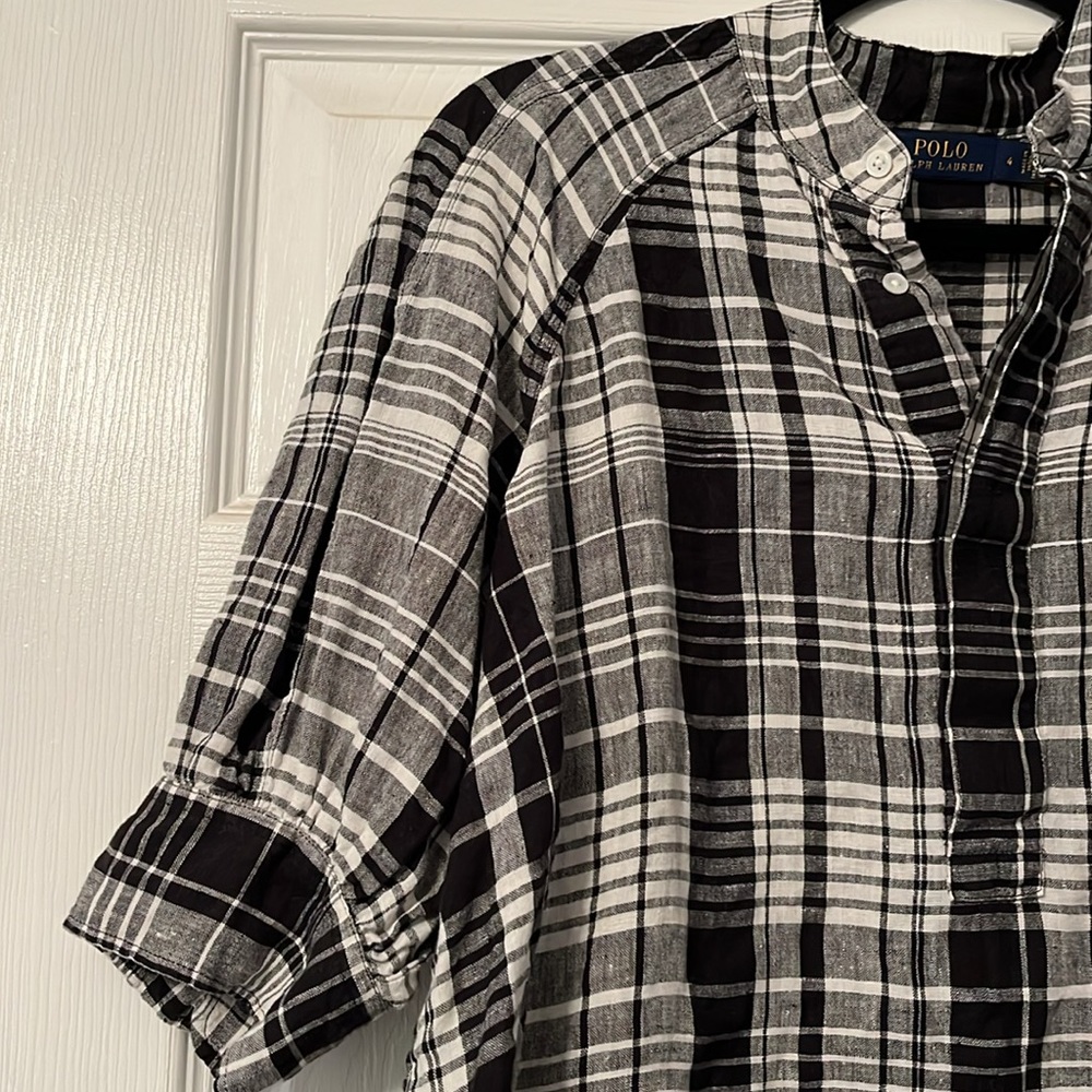 Ralph Lauren Cici Blouson-Sleeve Plaid Linen Popover - Picture 7 of 9